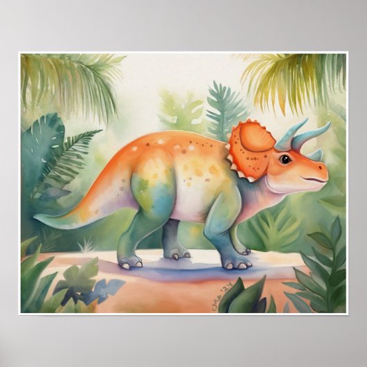 Triceratops Wasserfarbenes Kinderzimmer Art Poster (Vorne)
