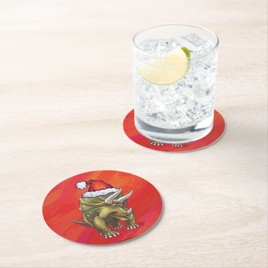 Tricerops Weihnachten auf Rot Runder Pappuntersetzer (Vor Ort)