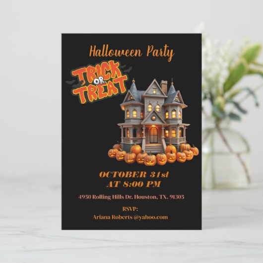 Trick oder behandeln Spuk Haus Schwarzes Halloween Einladung (Stehend Vorderseite)