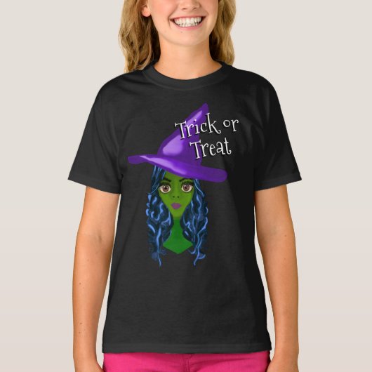 Trick oder Behandeln von Grünhexen mit Lila Hut T-Shirt (Vorderseite)