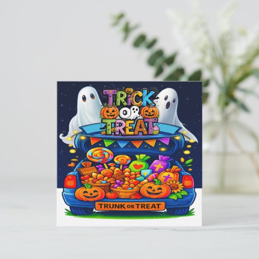 Trick oder Behandlung oder TRUNK oder Leckerei Einladung (Stehend Vorderseite)