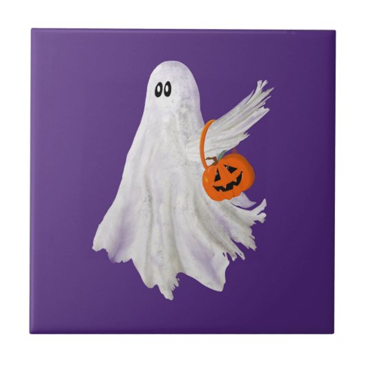 Trick oder Behandlung von Geist mit Kürbiskandy Ei Fliese (Vorderseite)