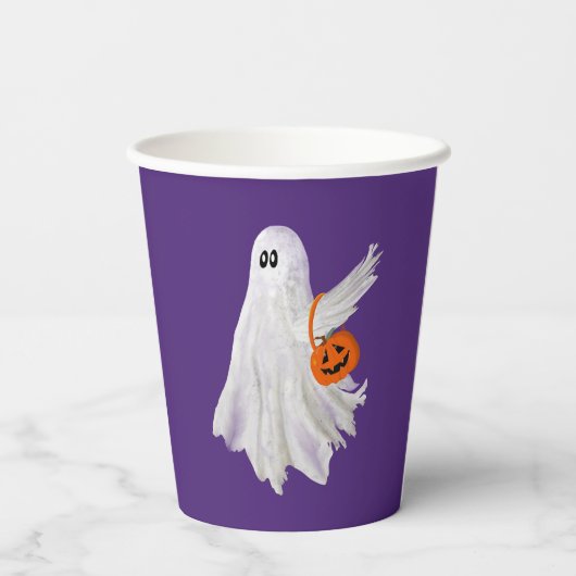 Trick oder Behandlung von Geist mit Kürbiskandy Ei Pappbecher (Rückseite)