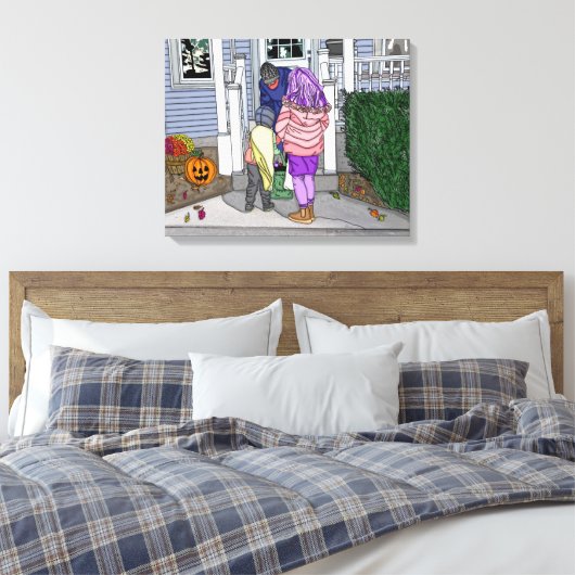 Trick oder Behandlung zu Halloween in den Vorstädt Leinwanddruck (Insitu (Schlafzimmer))