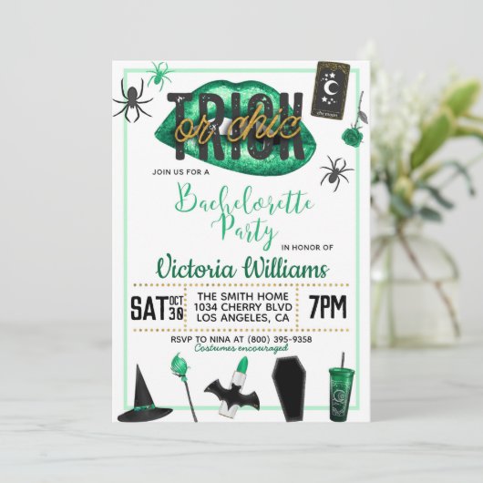 Trick oder Chic Halloween Bachelorette Einladung (Stehend Vorderseite)