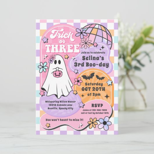 Trick oder drei Halloween Groovy Ghost 3. Geburtst Einladung (Stehend Vorderseite)