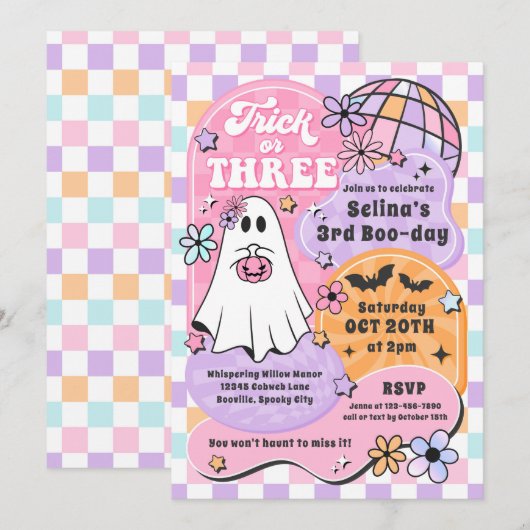 Trick oder drei Halloween Groovy Ghost 3. Geburtst Einladung (Vorne/Hinten)