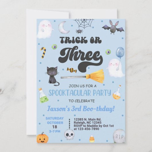 Trick oder Drei Halloween Junge 3. Geburtstag einl Einladung (Vorderseite)