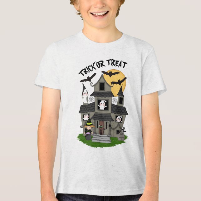 Trick oder gönnen Halloween Spuk Haus mit Hexe Tri-Blend Shirt (Vorderseite)
