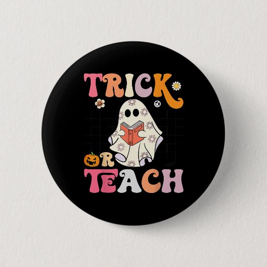 Trick oder Teach Groovy Halloween Retro Floral Gho Button (Vorderseite)