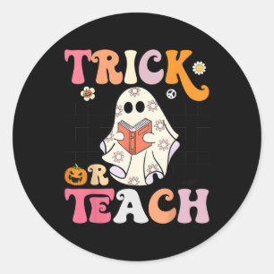 Trick oder Teach Groovy Halloween Retro Floral Gho Runder Aufkleber