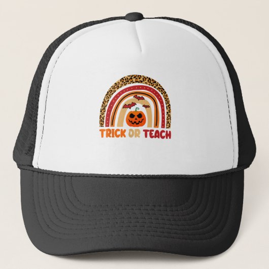 Trick oder Teach Leopard Regenbogenlehrer Hallowee Truckerkappe (Vorderseite)