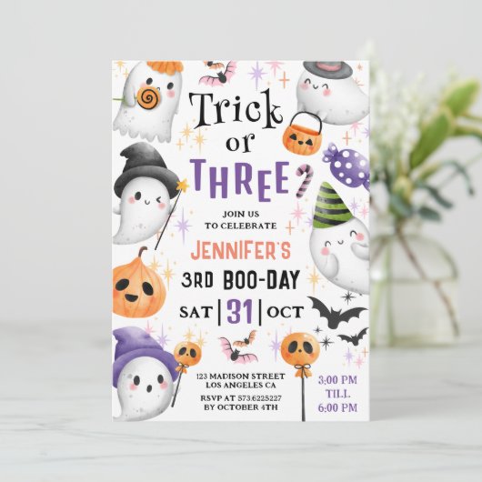 Trick oder Three! Niedlich Ghosts Halloween 3. Geb Einladung (Stehend Vorderseite)