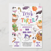 Trick oder Three! Niedliches Lila Halloween 3. Geb Einladung (Vorderseite)