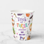 Trick oder Three! Niedliches Lila Halloween 3. Geb Pappbecher (Rückseite)