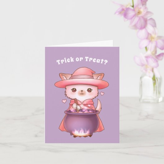 Trick oder Treat Adorable Halloween Pomchi Hexe Karte (Orchidee)