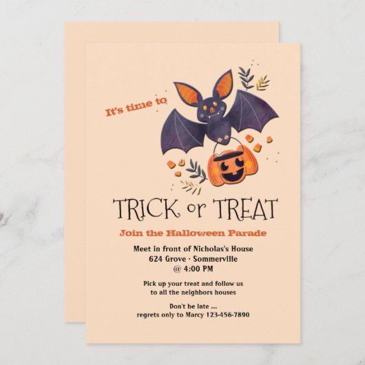 Trick oder Treat Bat Halloween Parade Einladung (Vorne/Hinten)