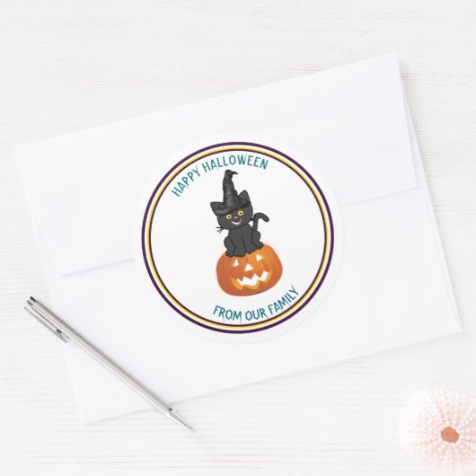 Trick oder Treat Black Cat & lustige Pumpkin Hallo Runder Aufkleber (Umschlag)