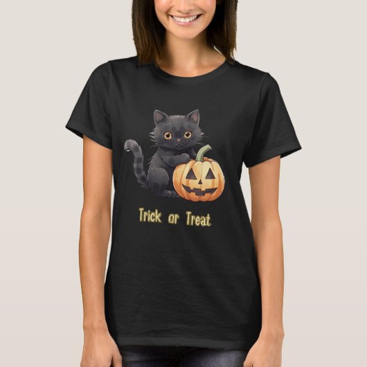 Trick oder Treat Black Cat Pumpkin Black Halloween T-Shirt (Vorderseite)