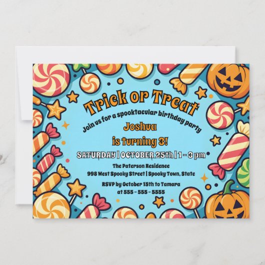 Trick oder Treat Candy Pumpkin Halloween Geburtsta Einladung (Vorderseite)