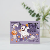 Trick oder Treat. Fun Ghost, Pumpkin Girl Hallowee Postkarte (Stehend Vorderseite)