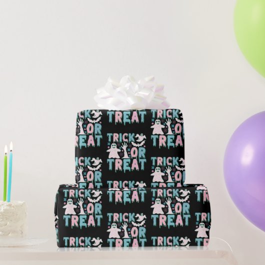 Trick oder Treat Ghosts Niedliches Schwarzes Hallo Geschenkpapier (Partygeschenke)