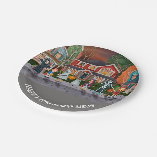 Trick oder Treat, glückliches Halloween Pappteller (Schrägansicht)