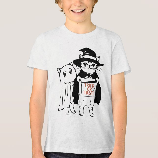 Trick oder Treat Halloween Cat Witch Ghost Tri-Blend Shirt (Vorderseite)