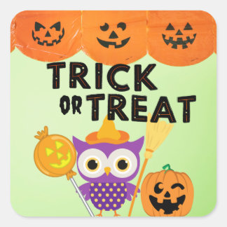 Trick oder Treat, Halloween-Eule, Funny Halloween Quadratischer Aufkleber