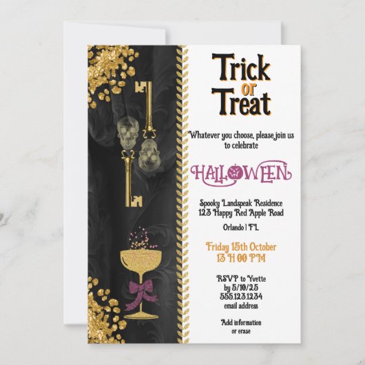 Trick oder Treat Halloween Gold Glitzer Skulls Einladung (Vorderseite)