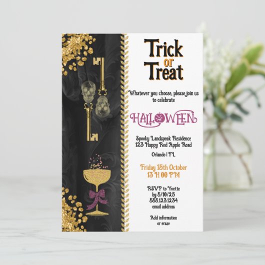 Trick oder Treat Halloween Gold Glitzer Skulls Einladung (Stehend Vorderseite)