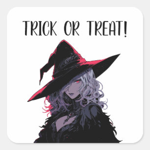 Trick oder Treat Halloween Hexe in einem schwarzen Quadratischer Aufkleber