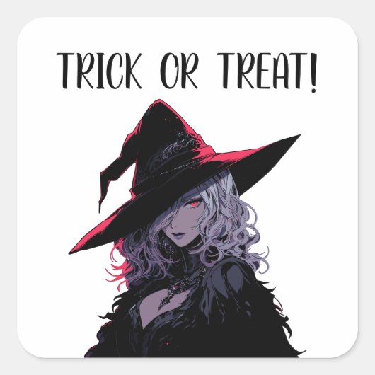 Trick oder Treat Halloween Hexe in einem schwarzen Quadratischer Aufkleber (Vorderseite)
