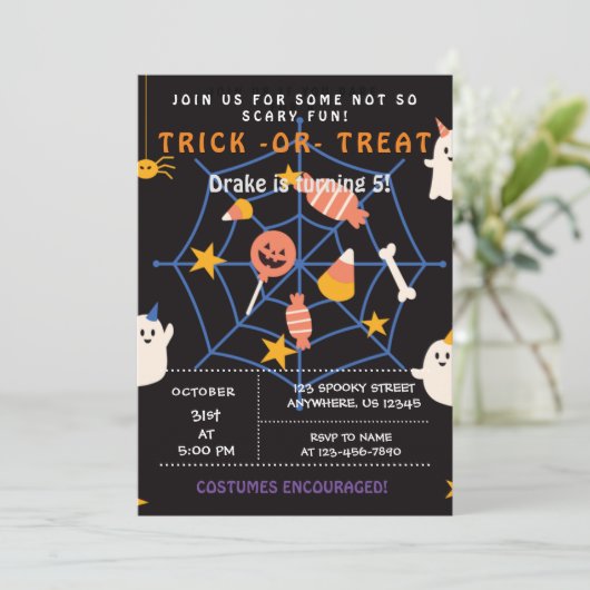 Trick oder Treat, Halloween Spinnen, Spooky Einlad Einladung (Stehend Vorderseite)