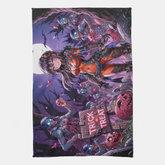 Trick oder Treat Halloween Zombies geben das Gehir Geschirrtuch (Vertikal)