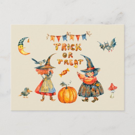Trick oder Treat Happy Halloween Watercolor Hexen Postkarte (Vorderseite)