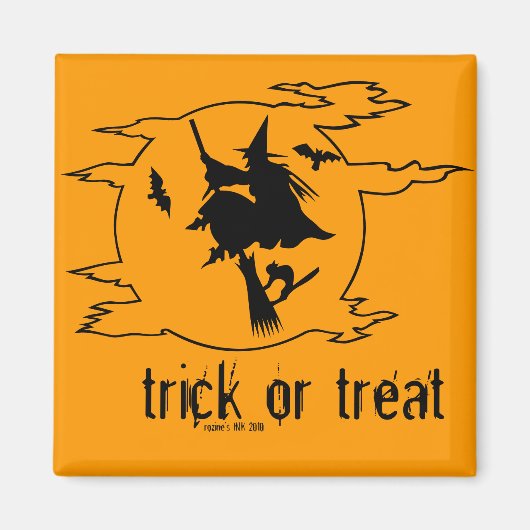 Trick oder Treat Hexe auf Broom mit Fledermäusen + Magnet (Vorne)
