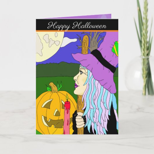 Trick oder Treat Hexe mit einer Hand gezeichneter  Karte (Vorderseite)