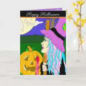 Trick oder Treat Hexe mit einer Hand gezeichneter  Karte (Gelbe Blume)