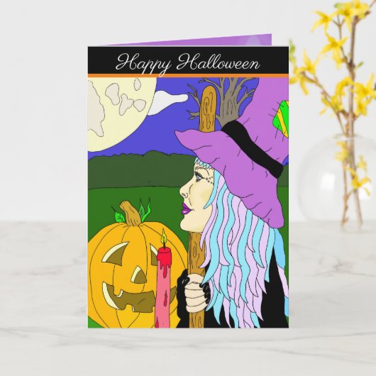 Trick oder Treat Hexe mit einer Hand gezeichneter  Karte (Gelbe Blume)