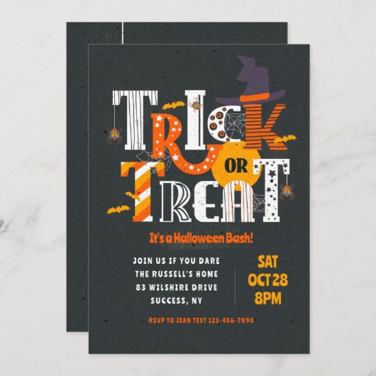 Trick oder Treat Lettering Halloween Einladung (Vorne/Hinten)
