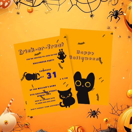 Trick oder Treat | Niedlich Black Cat Halloween Einladung