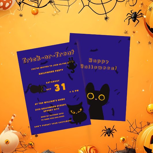 Trick oder Treat | Niedlich Black Cat Halloween Einladung