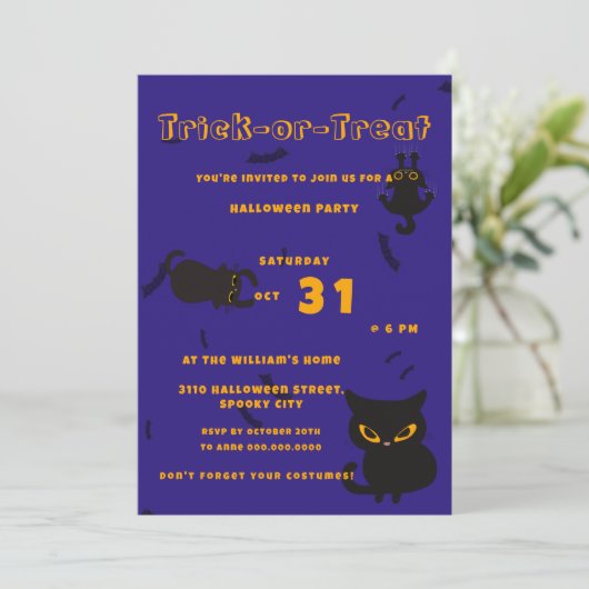 Trick oder Treat | Niedlich Black Cat Halloween Einladung (Stehend Vorderseite)