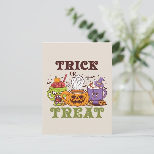 Trick oder Treat - Niedliche Halloween-Kaffeepause Postkarte (Stehend Vorderseite)