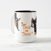 Trick oder Treat Niedliche schwarze Katze Hallowee Zweifarbige Tasse (Vorderseite Links)