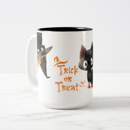 Trick oder Treat Niedliche schwarze Katze Hallowee Zweifarbige Tasse (Vorderseite Links)
