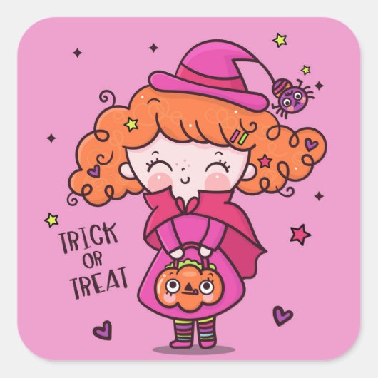 Trick oder Treat Niedliches Halloween-Mädchen Quadratischer Aufkleber (Vorderseite)