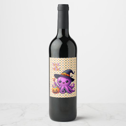 Trick oder Treat Octopus Halloween Weinetikett (Vorderseite)
