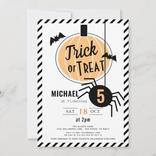 Trick oder Treat Orange Pumpkin Halloween Geburtst Einladung (Vorderseite)